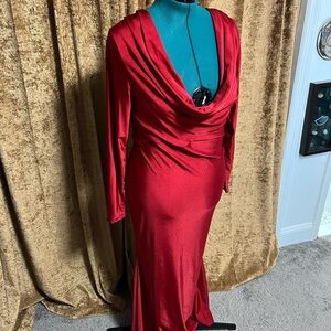 SHEIN CURVE Shiny Ruby Red Long Sleeve Draped Dress lots of stretch maxi length